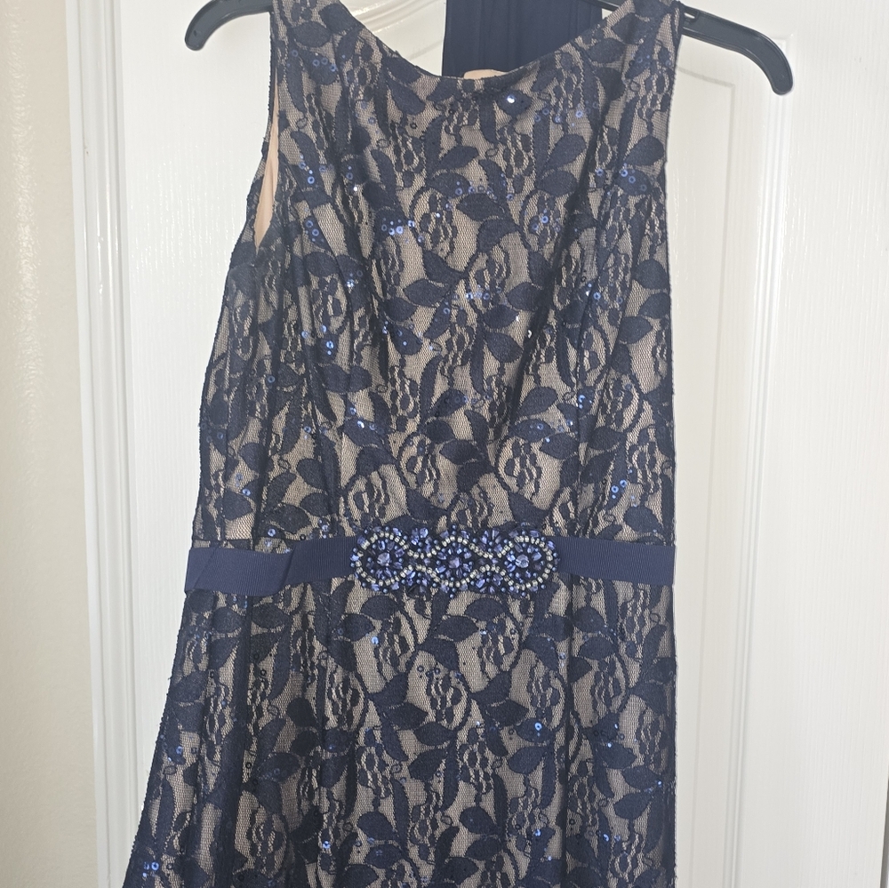 Elegant Navy Lace Dress with Beaded Detail
